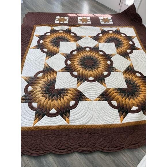 Amish Broken Star Quilt Handcrafted Brown Gold Cotton Handsewn King 98x113 - Picture 4 of 8